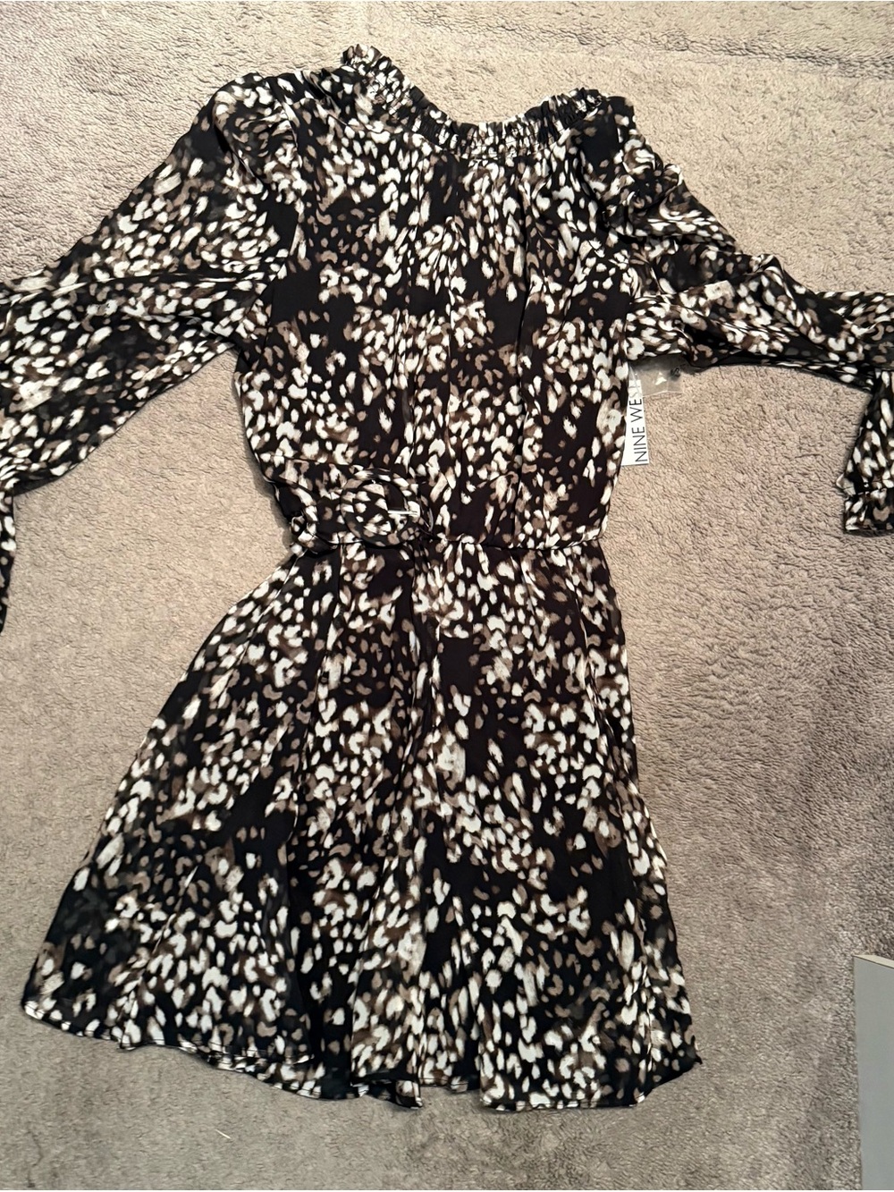Nine West Black and Cream Long Sleeve Printed Dress